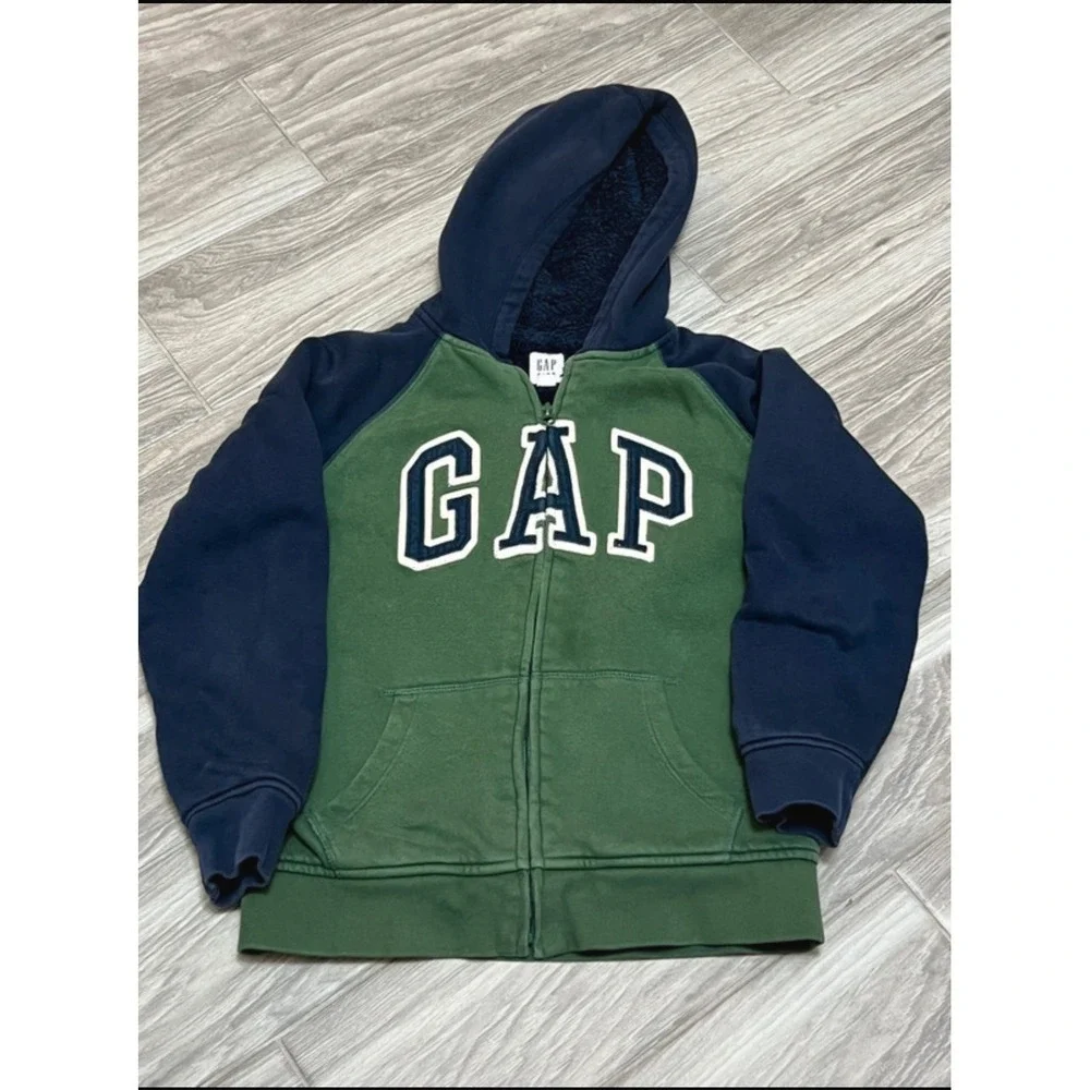 Gap Kids Boys Green Navy Blue Sherpa Lined Zip Up Logo Hoodie Sweatshirt Large L